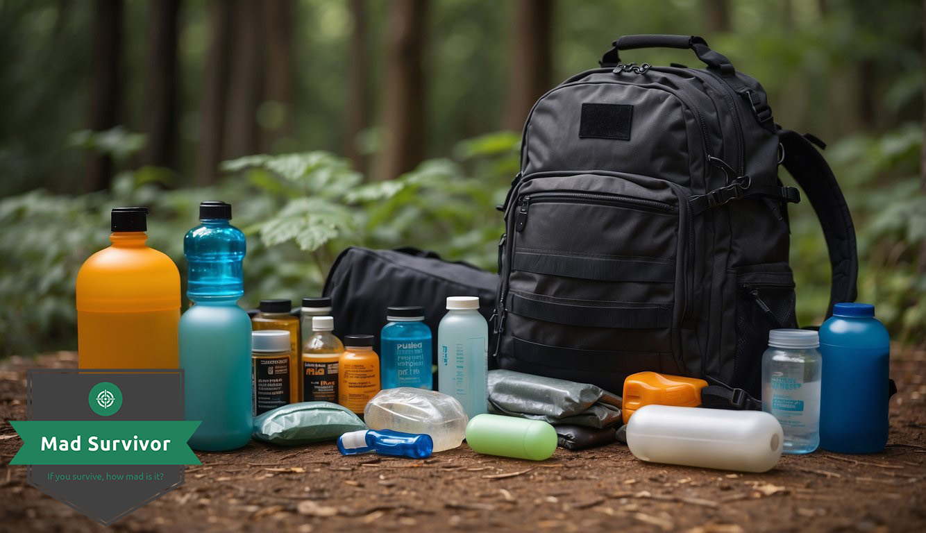 A backpack filled with essential survival items, including a first aid kit, water purification tablets, non-perishable food, a multi-tool, and a compact sleeping bag