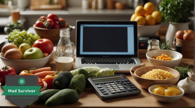 Various inexpensive groceries and kitchen tools spread out on a cluttered countertop. A small budget planner and calculator sit nearby