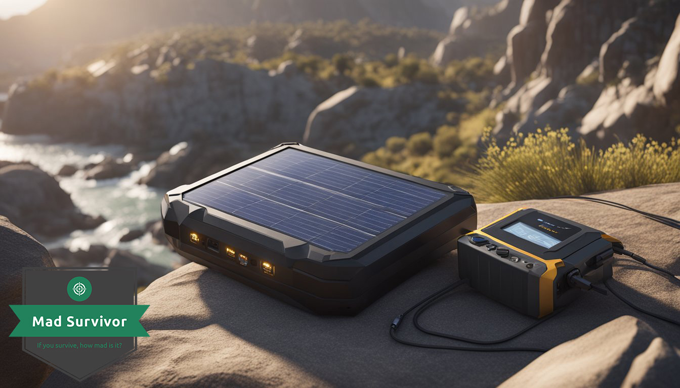 A solar powered battery charger sits on a rocky, sunlit terrain