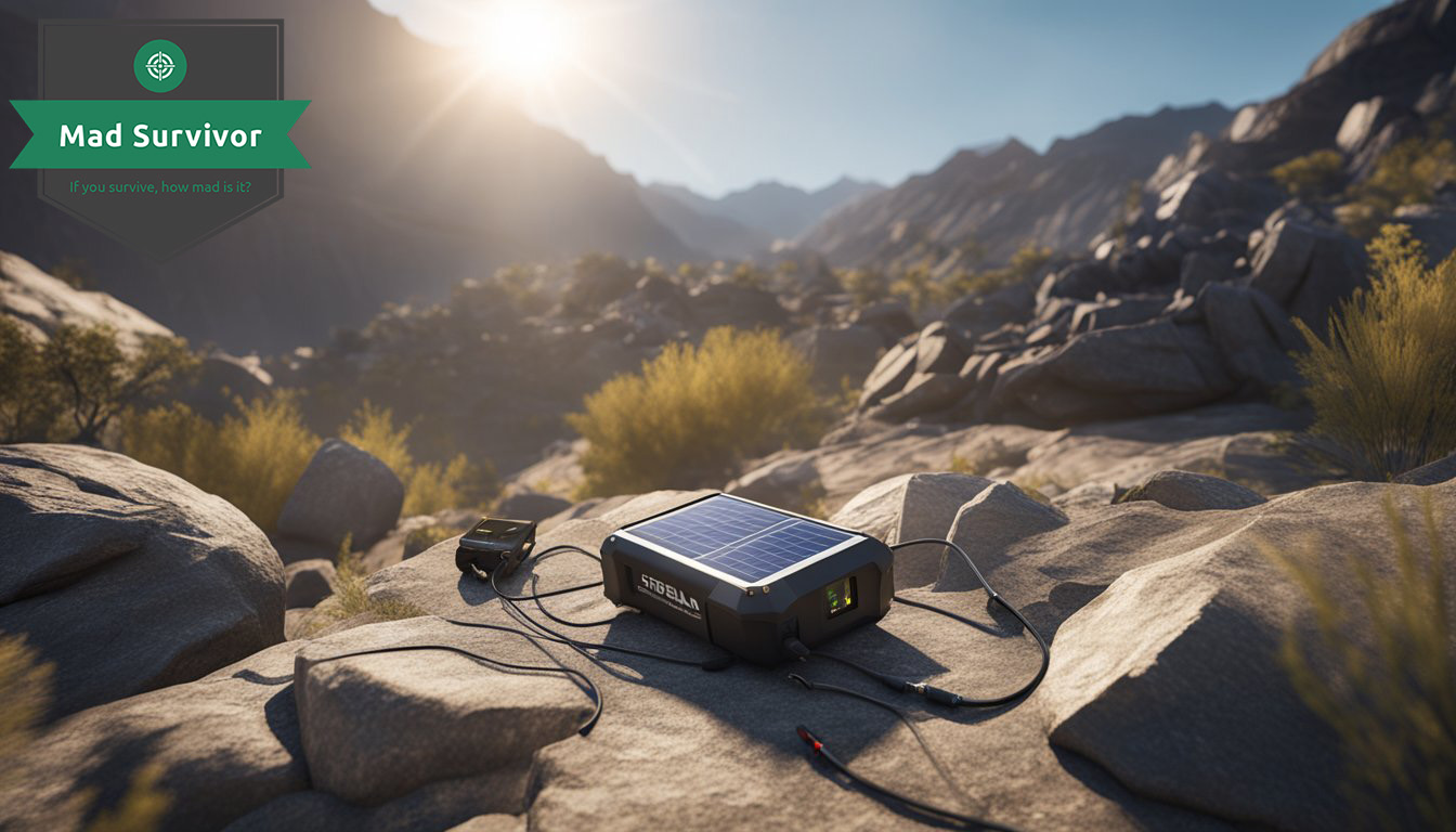 A solar-powered battery charger sits on a rocky terrain, surrounded by survival gear. The sun shines brightly overhead