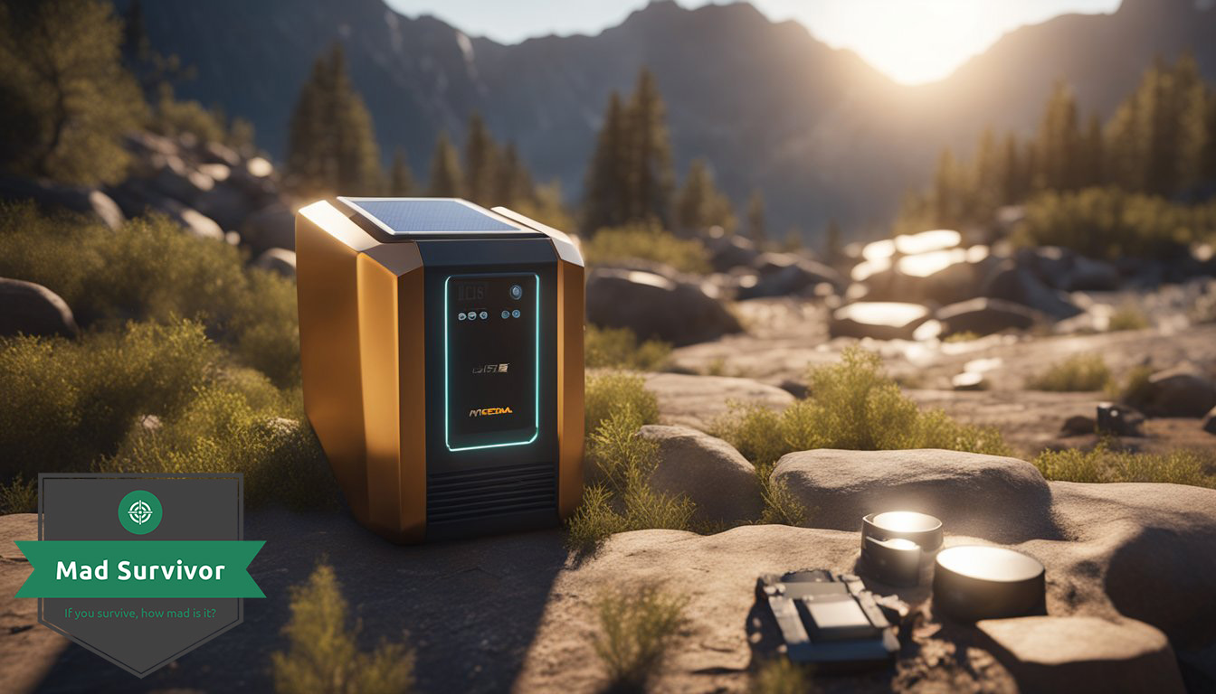 A solar-powered battery charger amidst a rugged outdoor setting, with the sun shining down and casting a warm glow over the scene