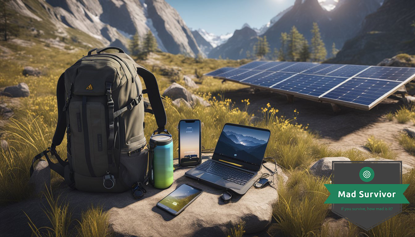 A rugged outdoor setting with a backpack, solar panels, and electronic devices being charged. 