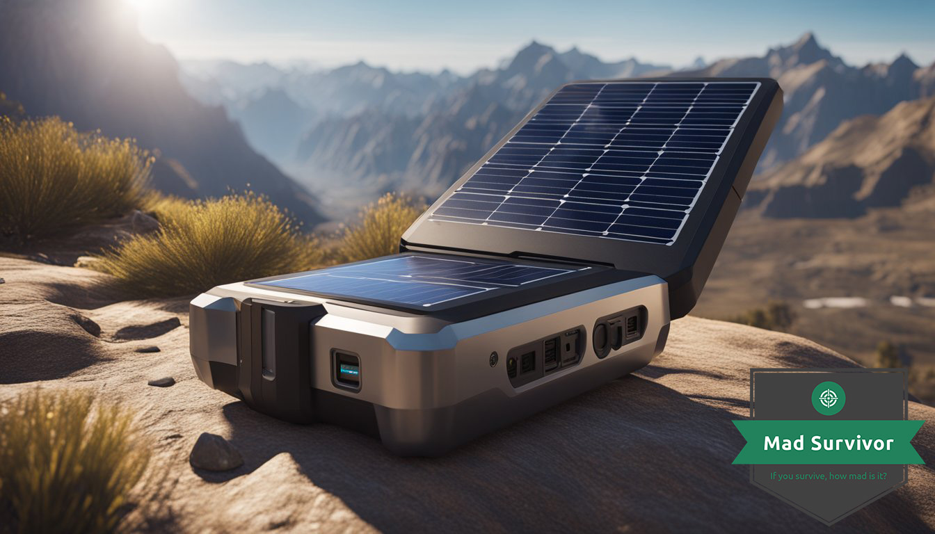 A rugged landscape with a solar-powered battery charger set against a backdrop of mountains and a clear sky