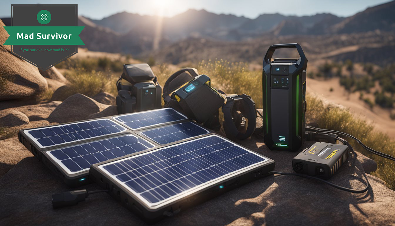 A solar panel charger sits on a rugged terrain, absorbing sunlight. A variety of devices are connected to it,