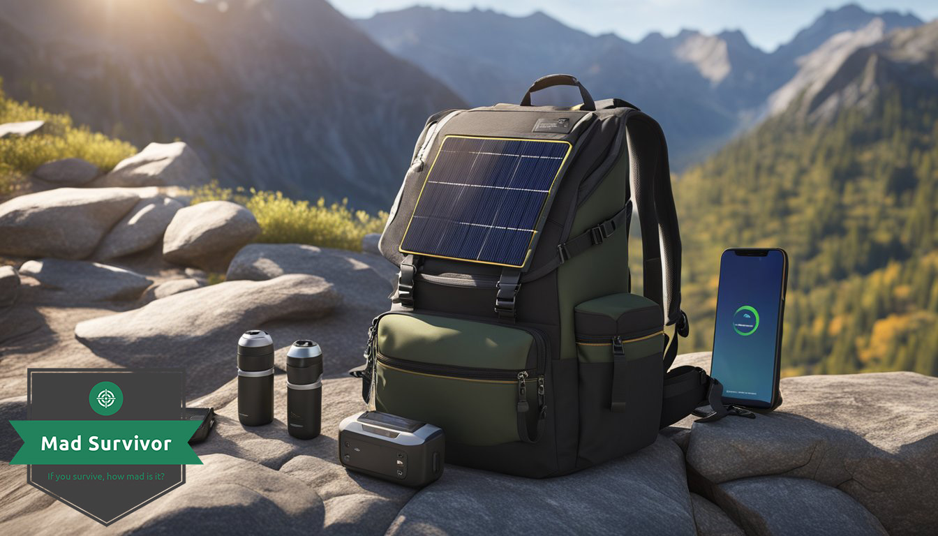 A rugged backpack sits on a rocky mountain ledge, with solar chargers attached to the outside. 