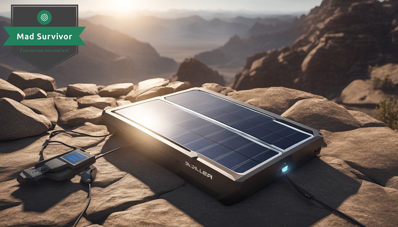 A solar powered battery charger sits on a rocky, desolate landscape