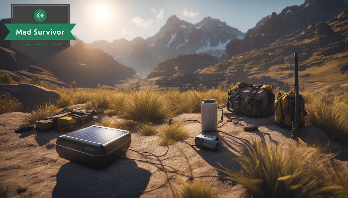 A rugged landscape with a lone solar powered battery charger in use, surrounded by survival gear. 