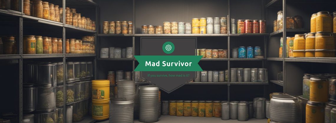 A dimly lit survival bunker with shelves of canned food, water barrels and medical supplies
