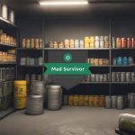 A dimly lit survival bunker with shelves of canned food, water barrels and medical supplies