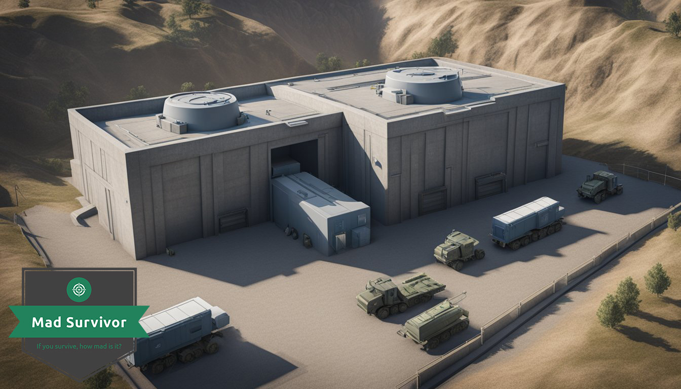A military style bunker complex with reinforced walls and a secure entrance,