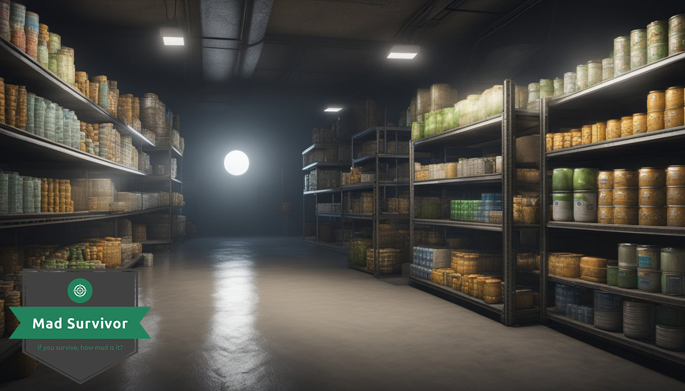 A dimly lit bunker with shelves of canned food and water barrels