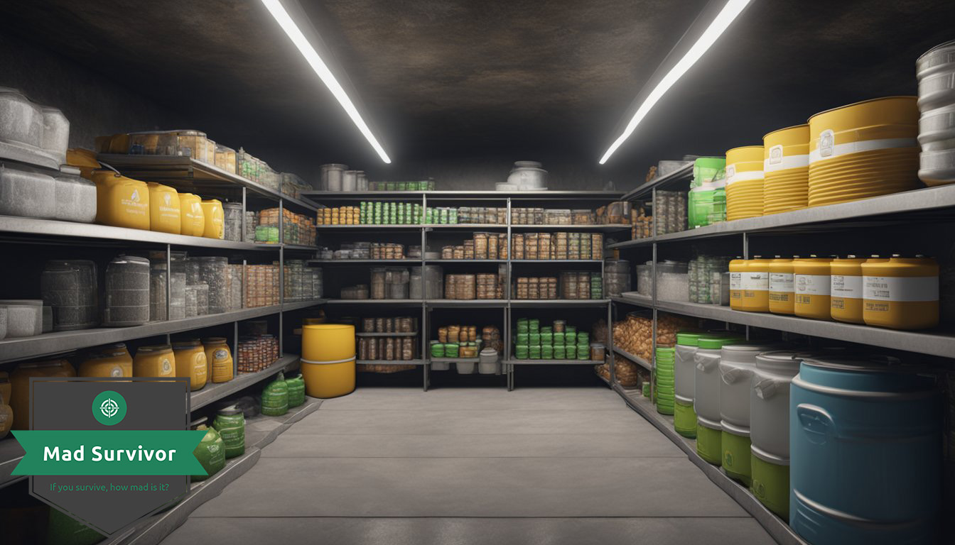 A well-stocked survival bunker with shelves of canned food, water jugs, first aid kits