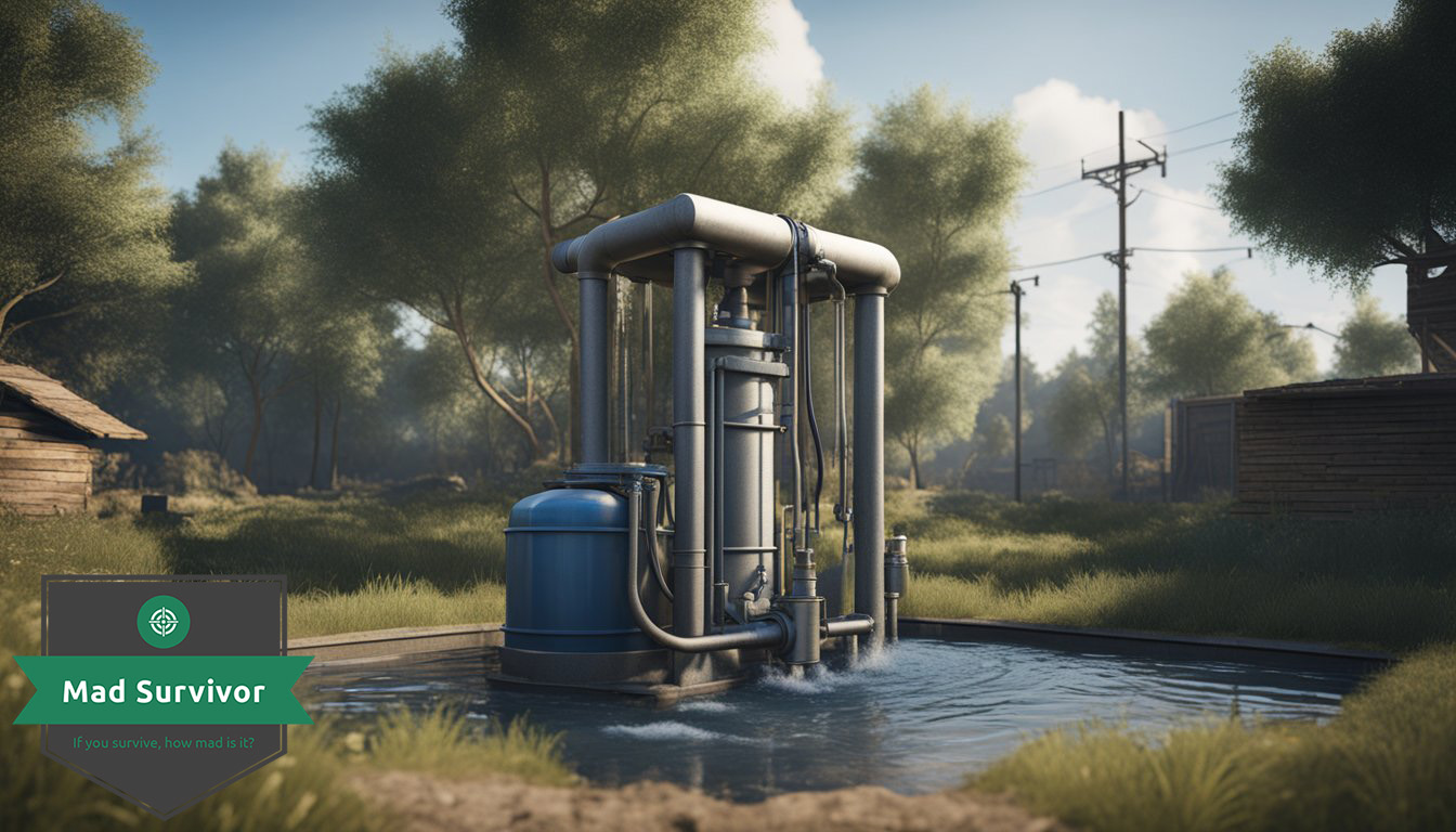 A well pump drawing water from the ground, surrounded by pipes 