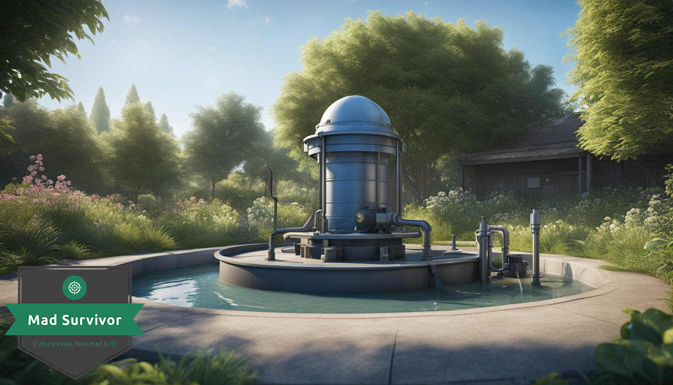 A well pump drawing water from the ground, with pipes leading to a secure storage tank, surrounded by a lush garden and a clear blue sky