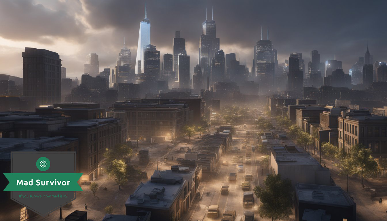 The scene depicts a city skyline with power outages, disabled vehicles, and malfunctioning electronic devices after an EMP attack.