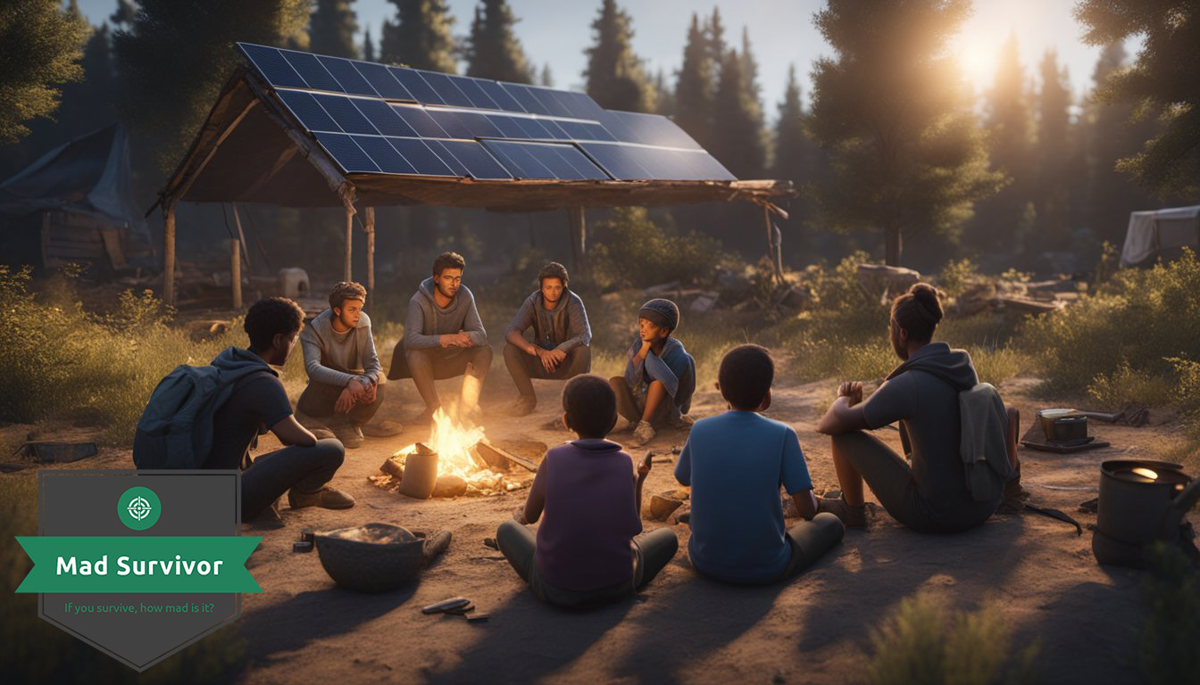 A family huddles around a campfire, using makeshift tools to cook food. Nearby, a solar panel charges electronic devices.