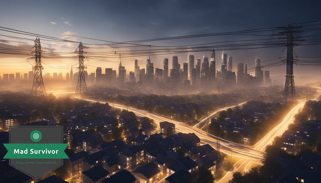 A city skyline with power lines and electronics going dark as a pulse of energy hits from above