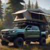 A rugged, modified truck with extra fuel tanks, off-road tires, and a rooftop tent, surrounded by dense forest and mountains in the background