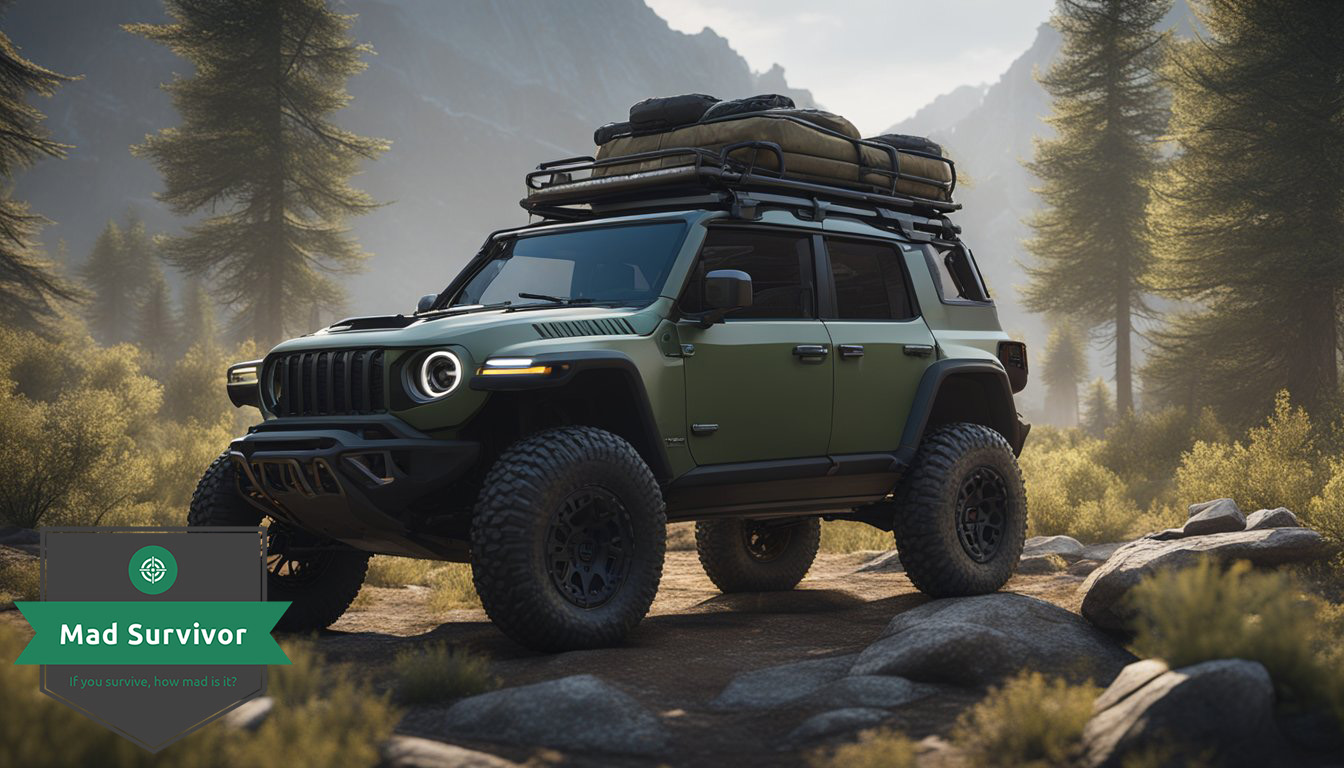 A rugged, modified vehicle with off-road tires, roof rack, and camouflage paint sits in a wilderness setting