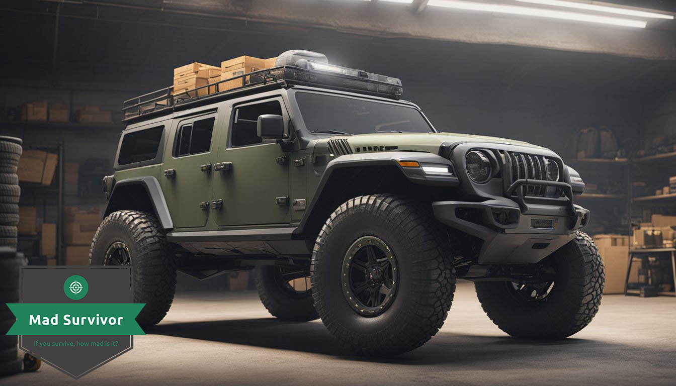 A rugged vehicle parked in a garage, equipped with off-road tires, roof rack, and storage compartments for survival gear and emergency supplies