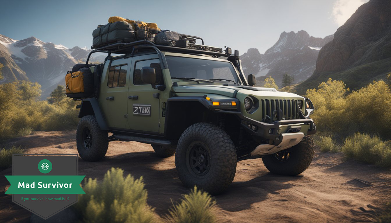 A rugged off-road vehicle equipped with survival gear and supplies parked in a remote wilderness setting