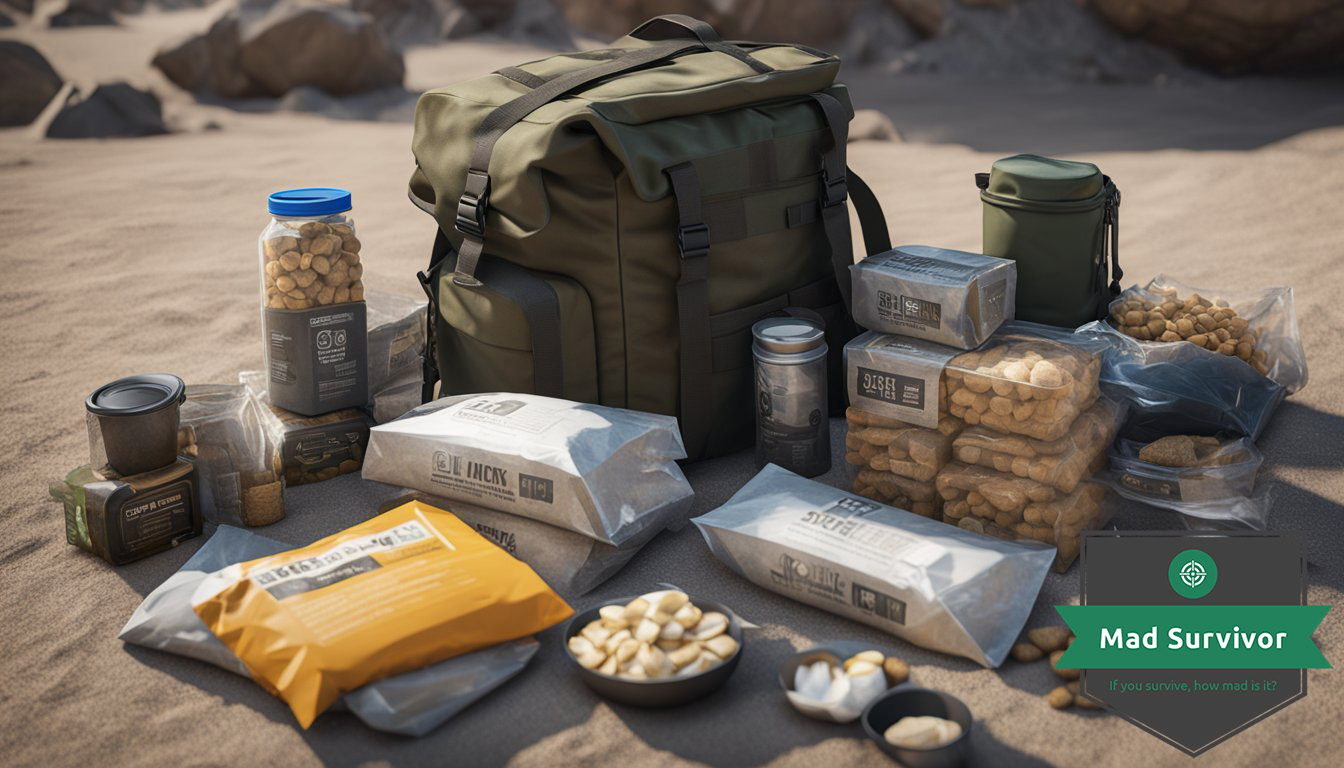 An open MRE package surrounded by survival gear and food supplies