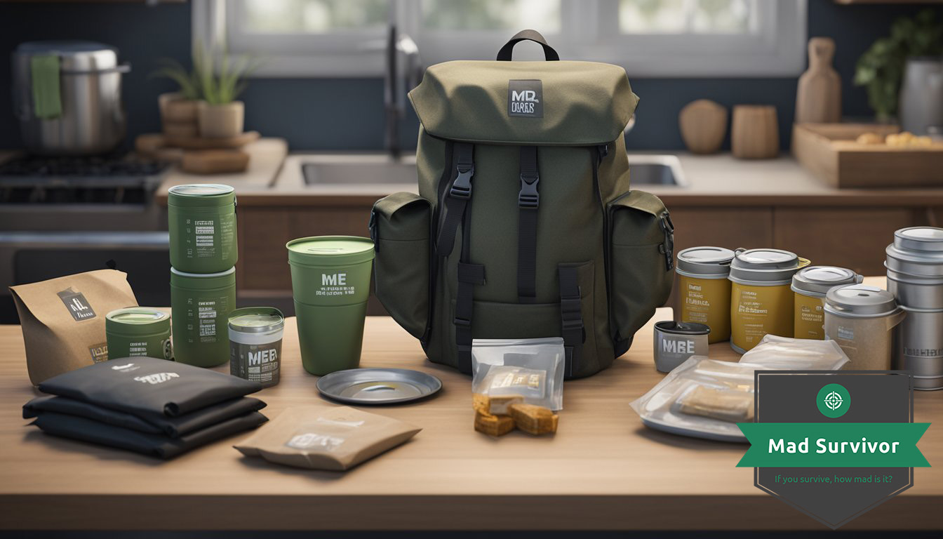 A backpack reveals MRE packages neatly arranged with various meal options, alongside a water purification kit and compact stove