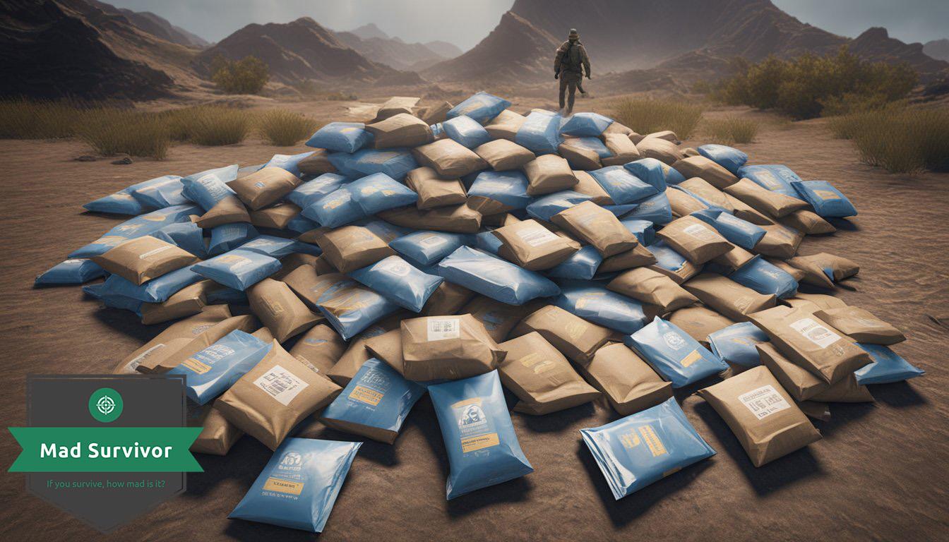 A pile of unopened MRE packages scattered on the ground, with a few open ones showing the contents inside. Nearby, a prepper looks disappointed at the limited variety of meals