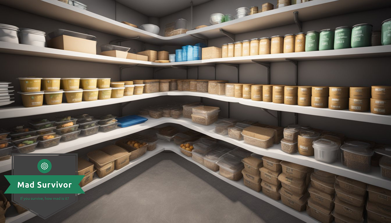 A prepper's pantry with labeled MRE meals, organized shelves, and emergency supplies