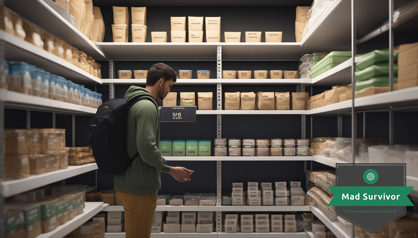 A person is buying and storing MREs in a pantry. The MREs are neatly organized on shelves with labels and expiration dates visible