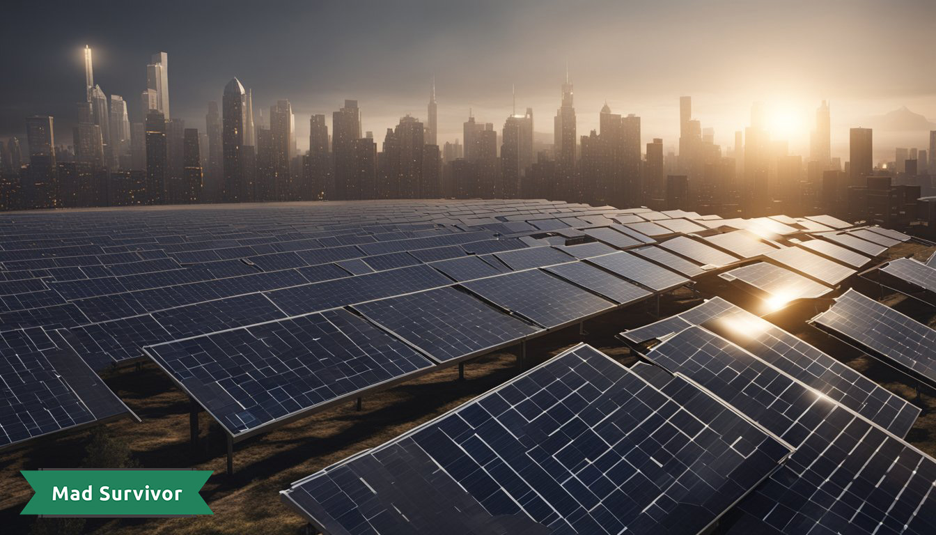 Solar panels stand resilient amidst a city engulfed in darkness after an EMP event. Buildings and vehicles are powerless, but the panels continue to harness the sun's energy