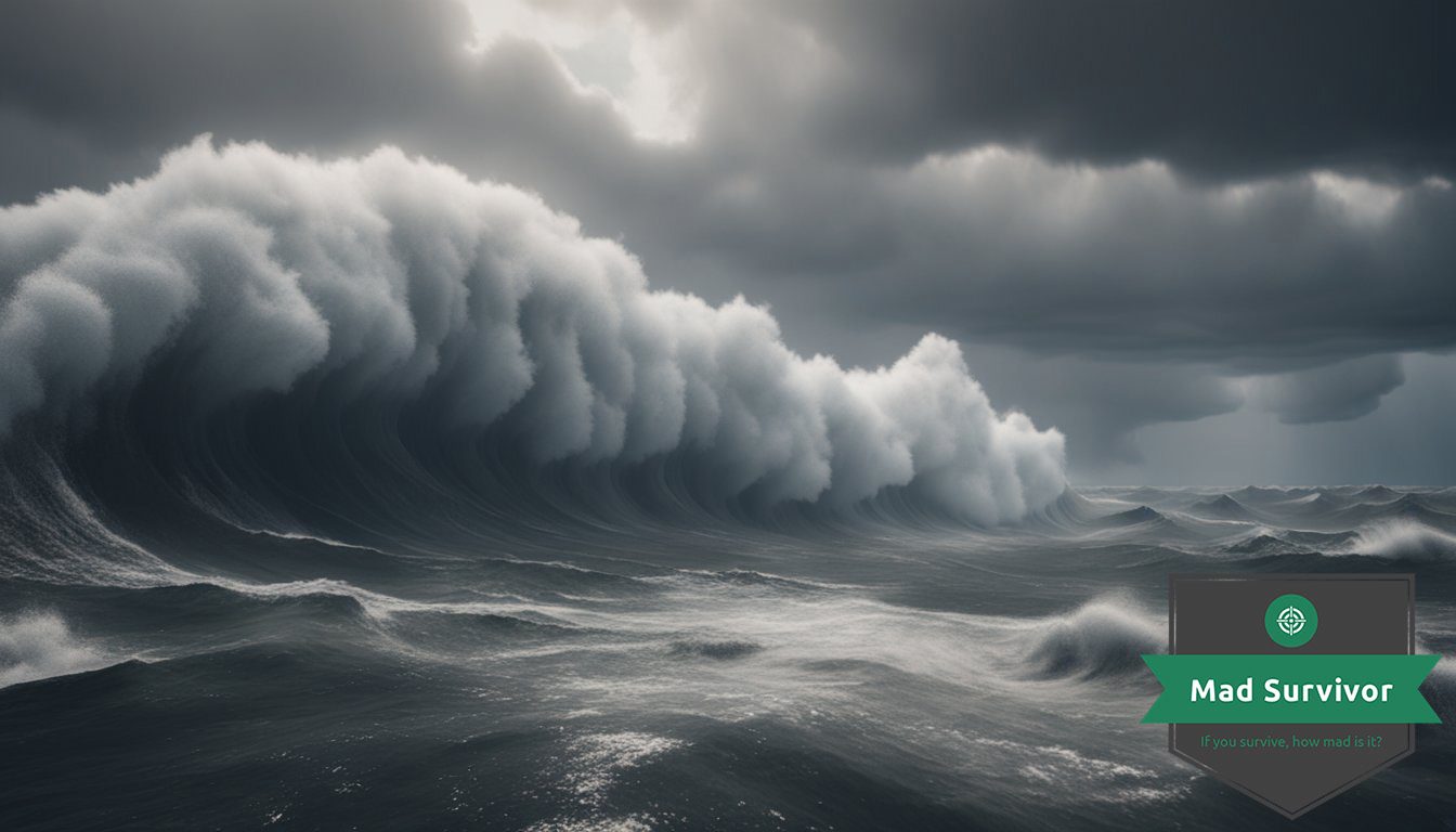 A massive storm builds over the ocean, with dark clouds and strong winds. 