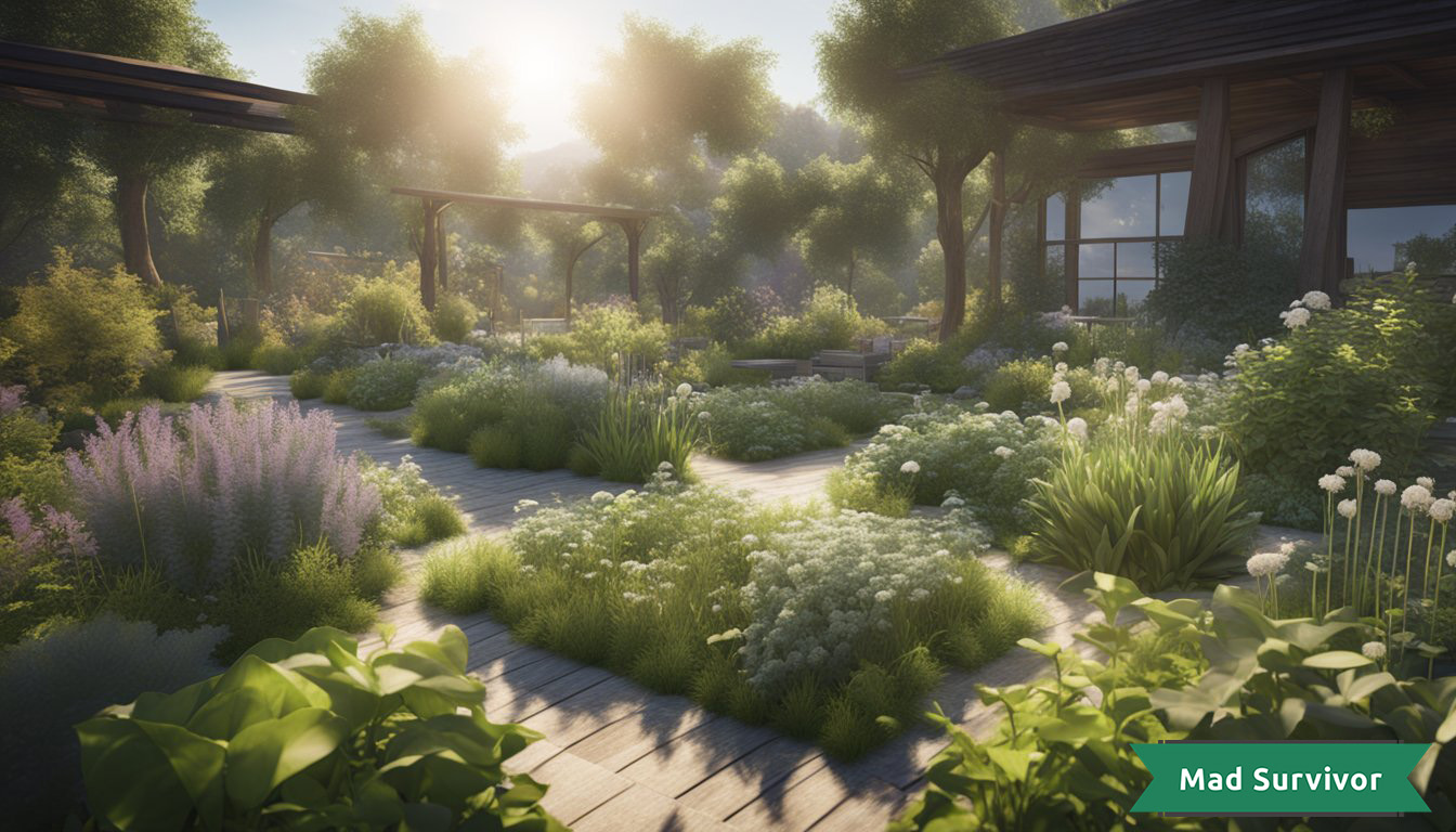 Lush garden with various herbs. Survival tools nearby. Bright sunlight and clear skies overhead