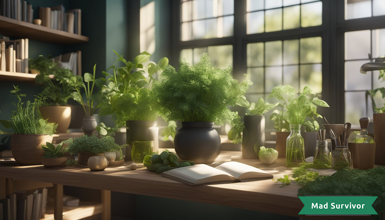 Green herbs, surrounded by tools and books. Sunlight streams in, casting shadows
