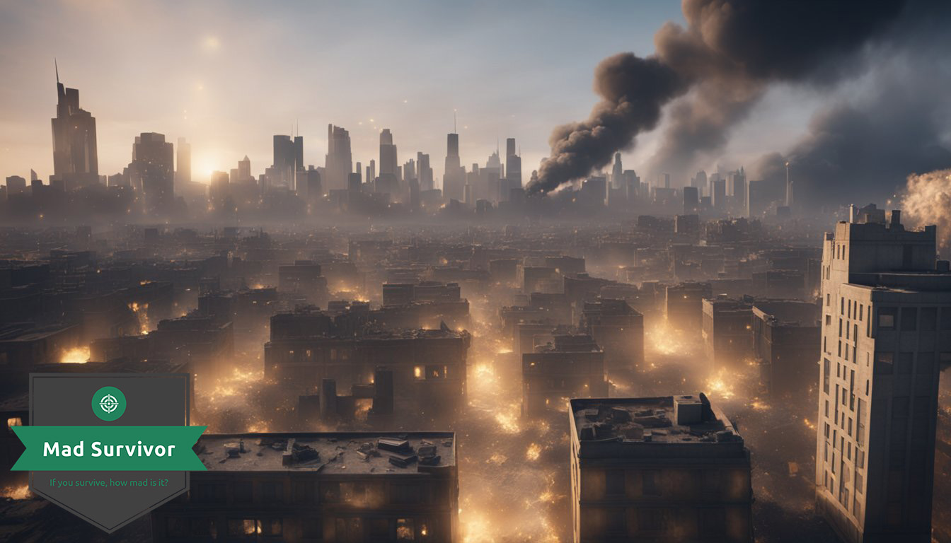 A city skyline, with buildings crumbling and smoke rising from the ground. 