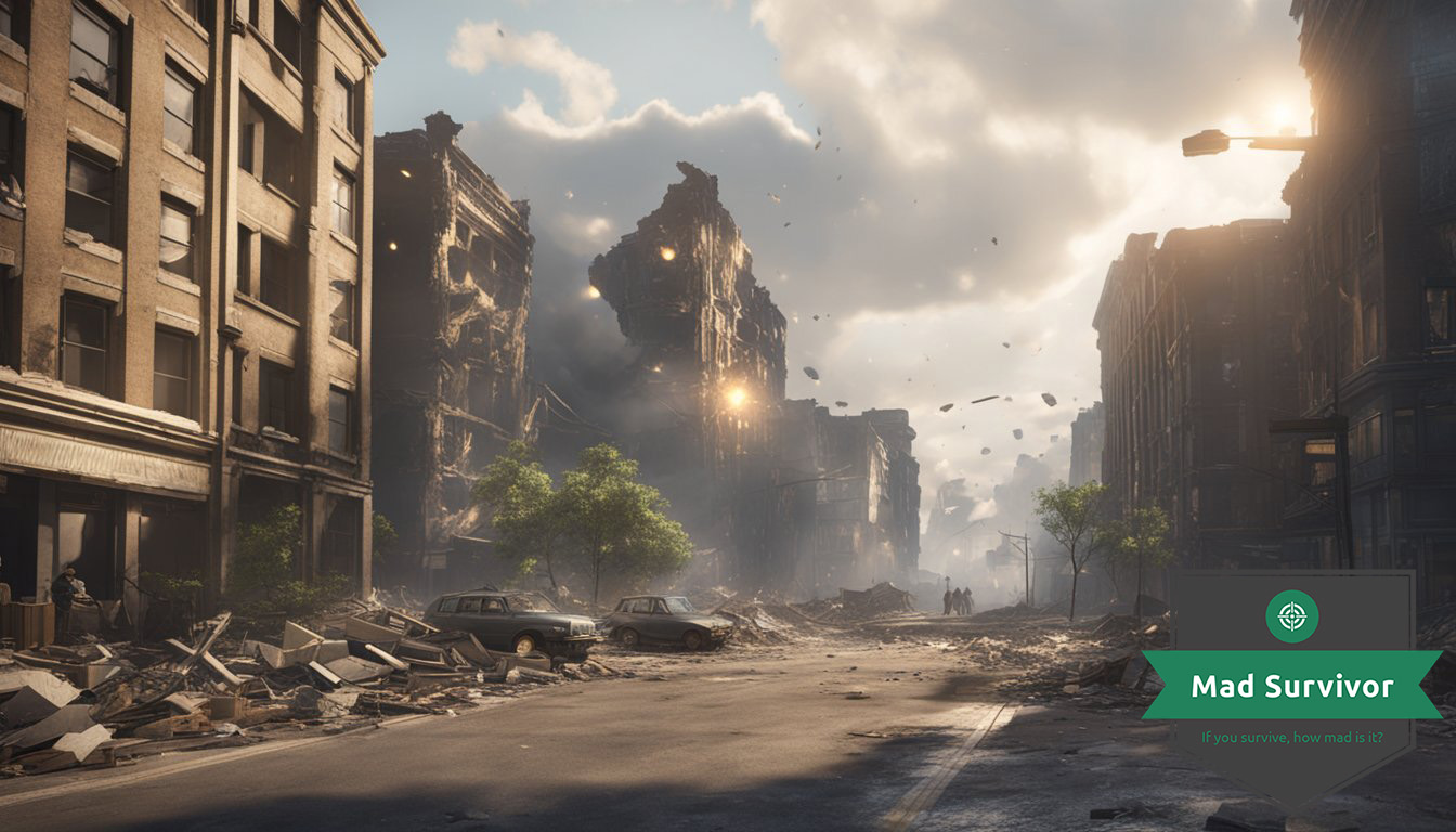 A city street, buildings crumbling, debris flying, and a bright flash of light as a nuclear blast hits