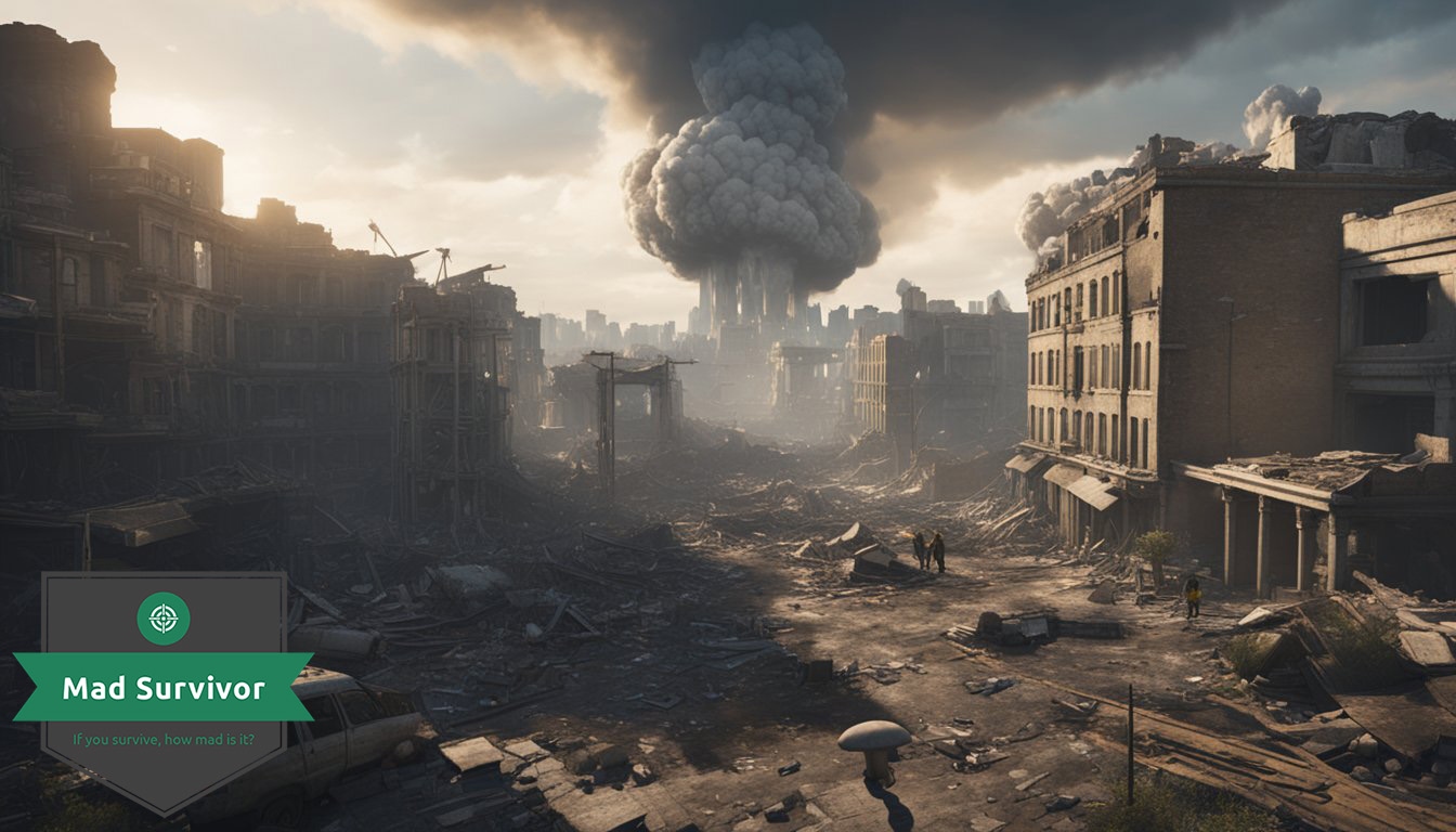A city lies in ruins, with buildings destroyed and debris scattered. A mushroom cloud looms in the distance, as survivors seek shelter