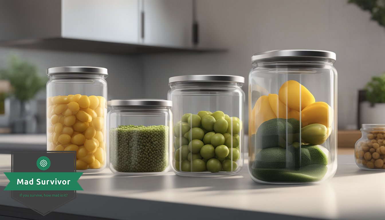 A vacuum sealer next to jars, cans, and plastic wrap