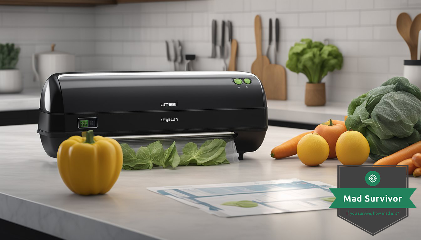 A vacuum sealer machine sits on a kitchen counter, sealing a bag of fresh produce. 