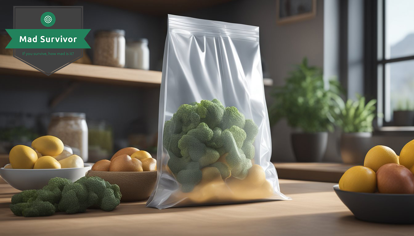 A vacuum-sealed bag sits on a table, surrounded by various food items. 