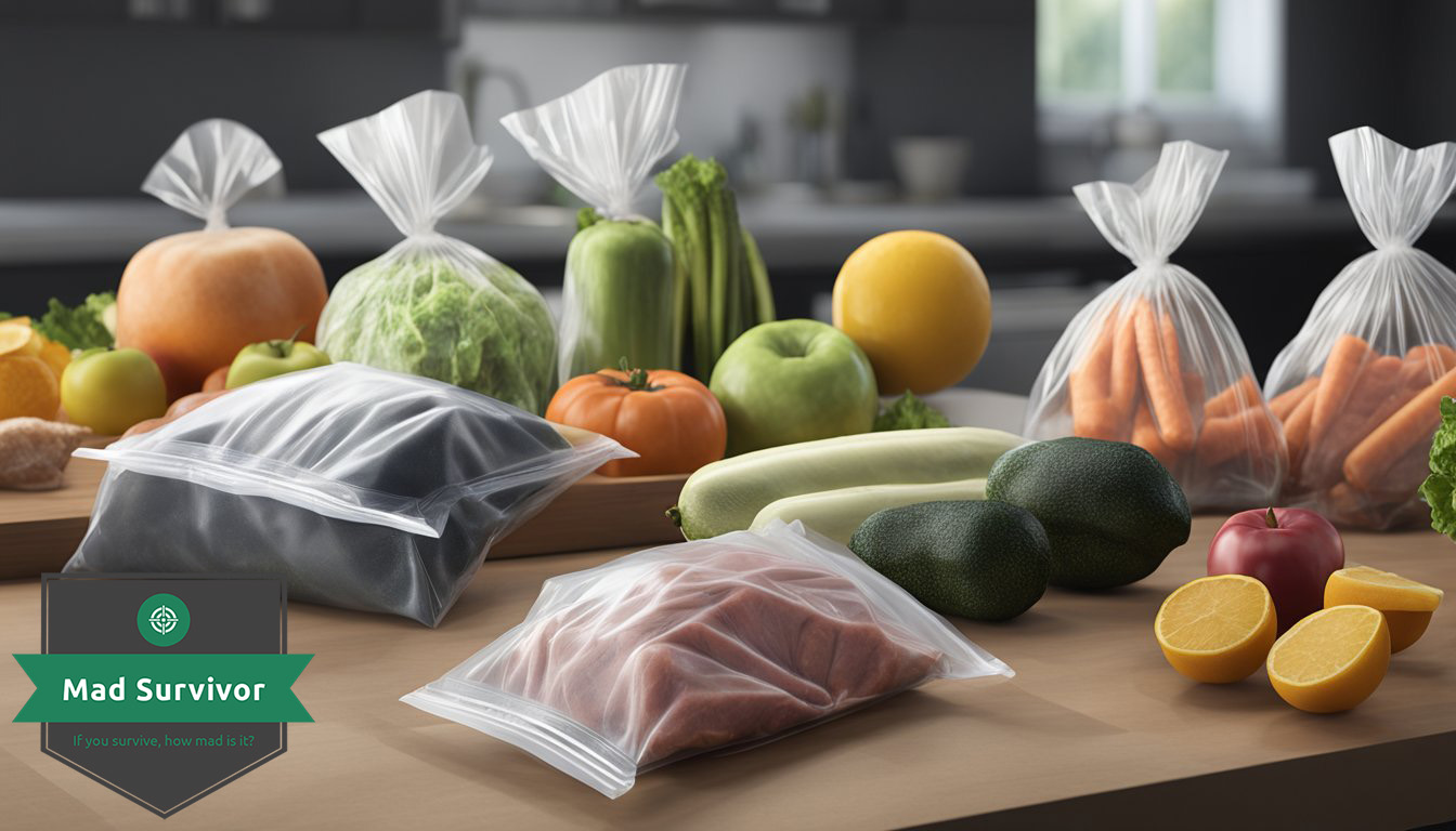 Various food items, such as fruits, vegetables, and meats, are shown being vacuum sealed in plastic bags