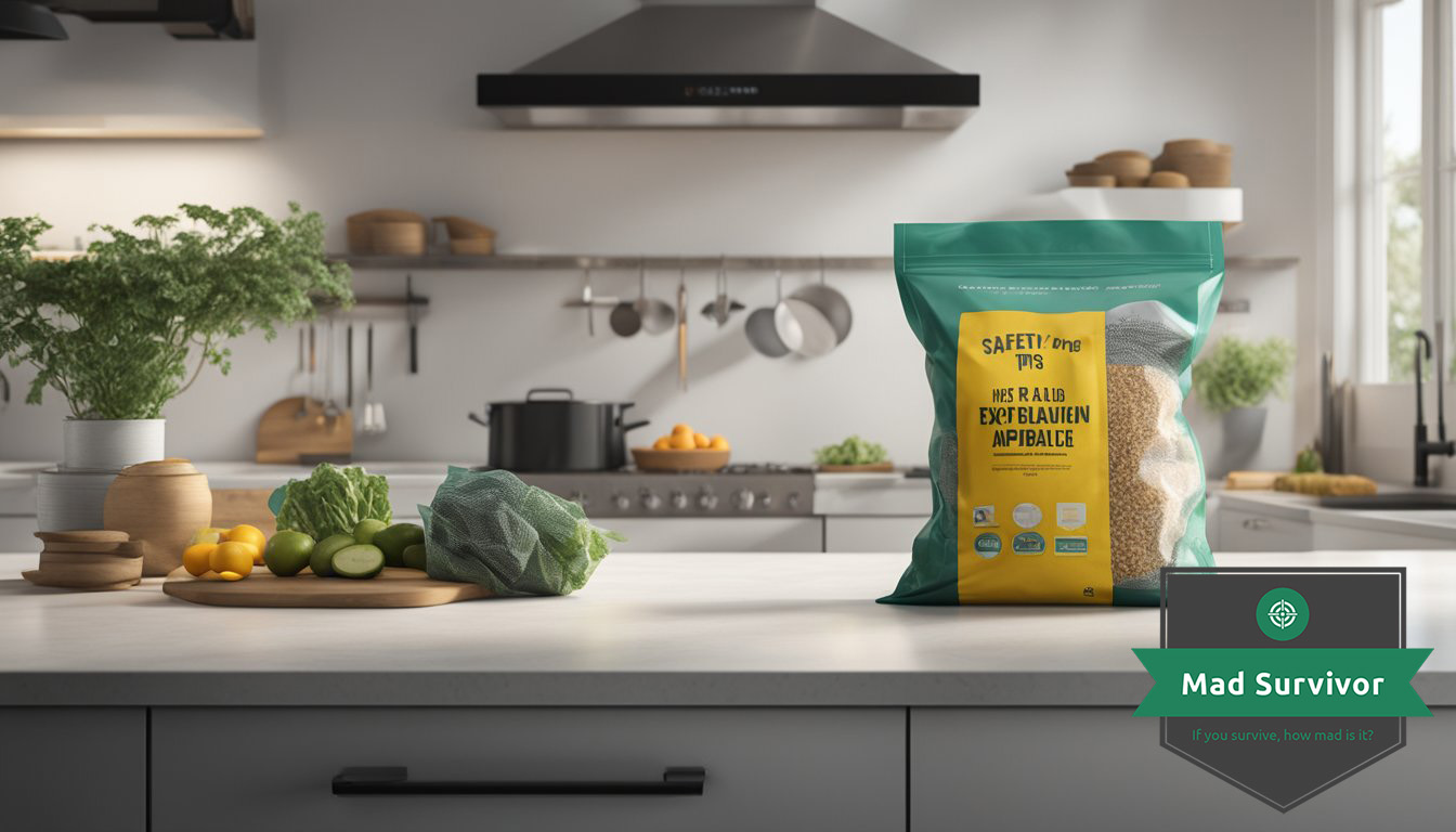 A vacuum-sealed bag of food sits on a clean kitchen counter.
