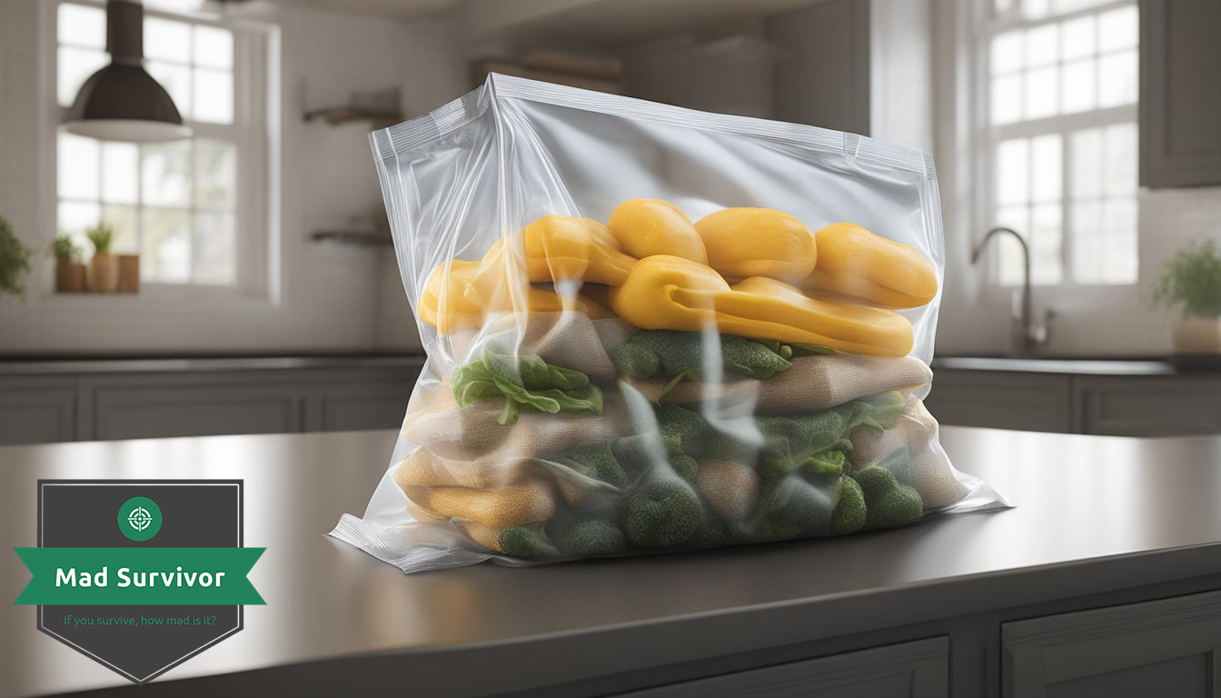 A vacuum-sealed bag of food sits on a countertop, with visible signs of spoilage
