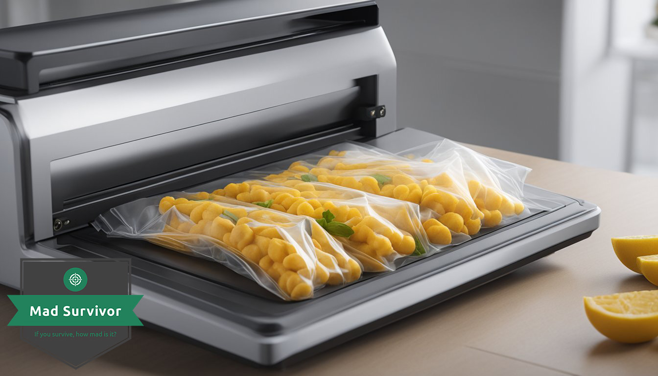 A vacuum sealer machine removes air from a bag of food, sealing it tightly.