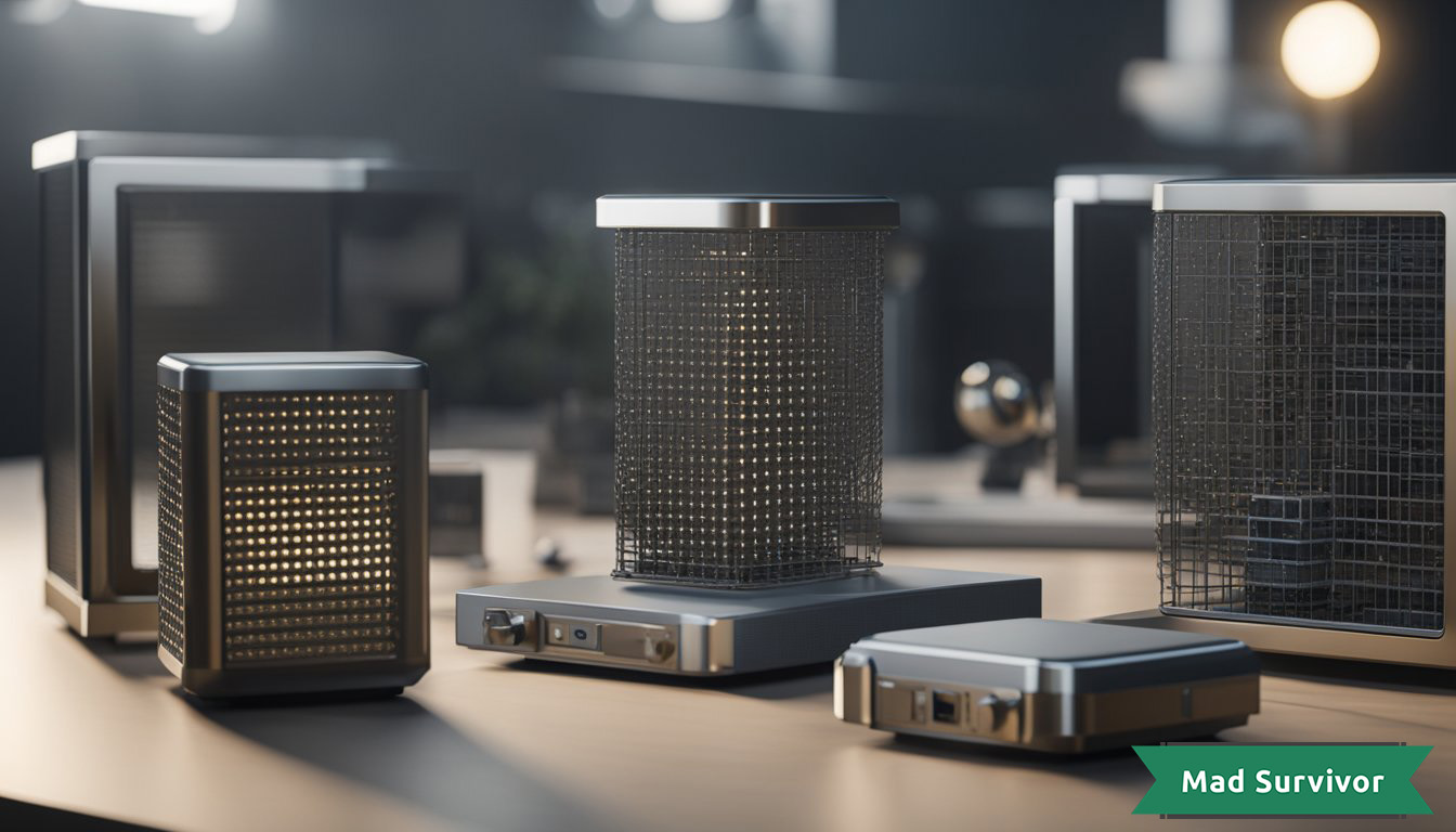 A collection of small metal mesh boxes, blocking electromagnetic signals