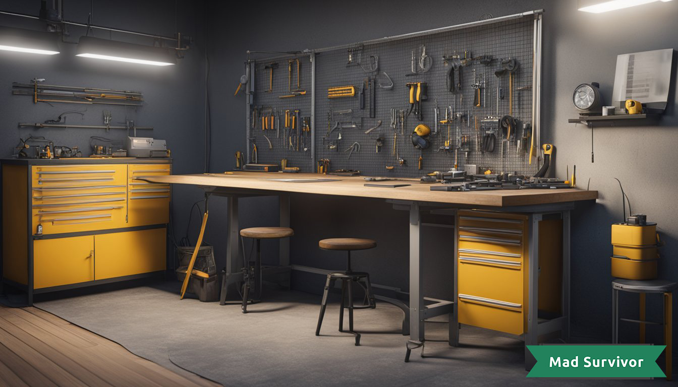 A workbench with various tools, pliers, and soldering iron