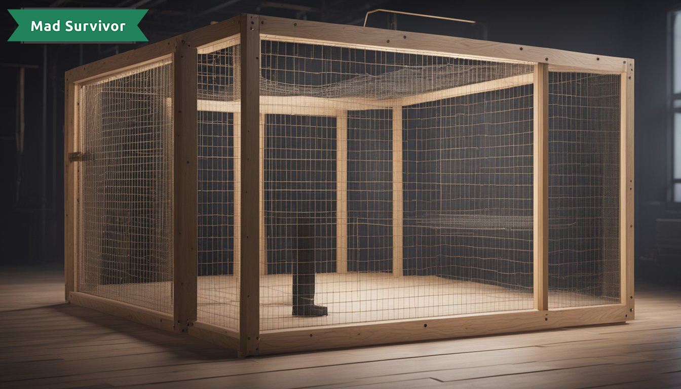 A constructed Faraday cage using mesh and wood, securing the structure with screws