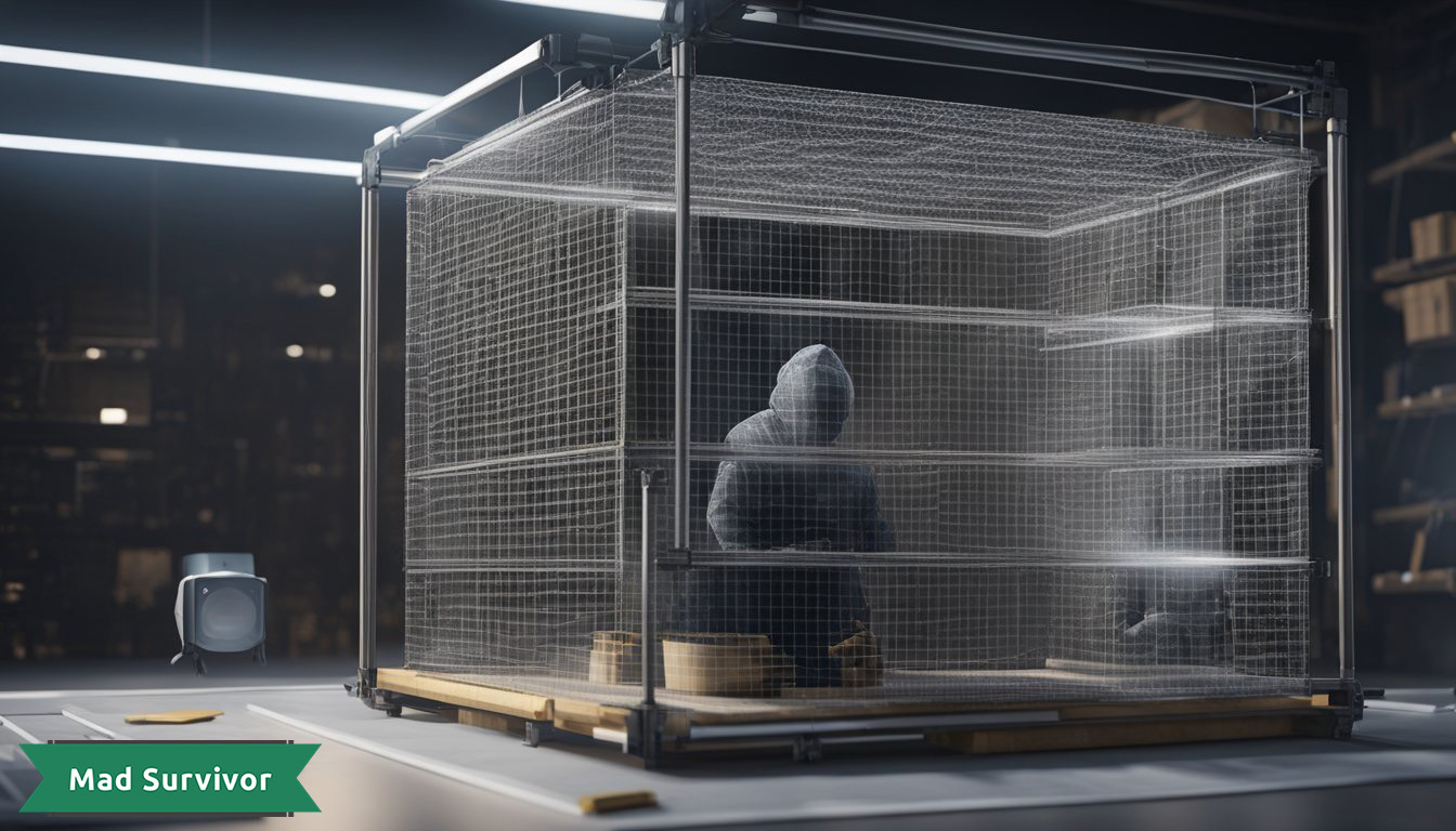 A person constructing a DIY faraday cage using metal mesh and insulating material to protect electronic devices from electromagnetic interference