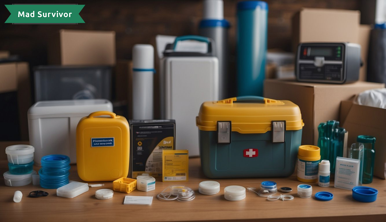 A collection of supplies, with emergency communication and first aid kits