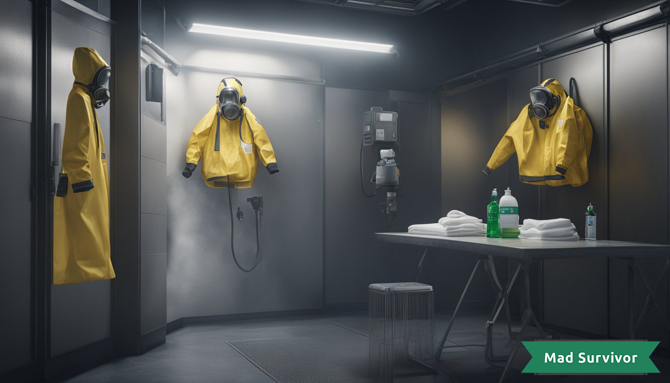 A hazmat suit hangs on a wall next to a decontamination shower.